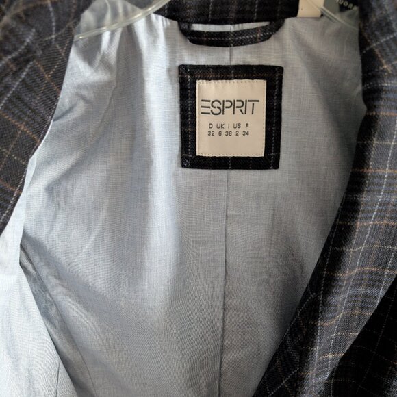 Esprit Women’s Navy Plaid Blazer Wool blend Cotton lined Size 2 Preppy Academia - Picture 4 of 11